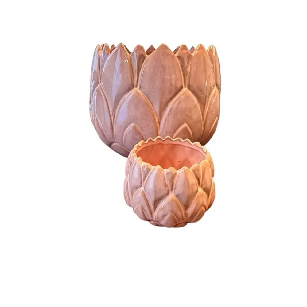 2 Anthropologie Pink Planters Lotus Artichoke 7” & 3” Wide Ceramic Flower Pots